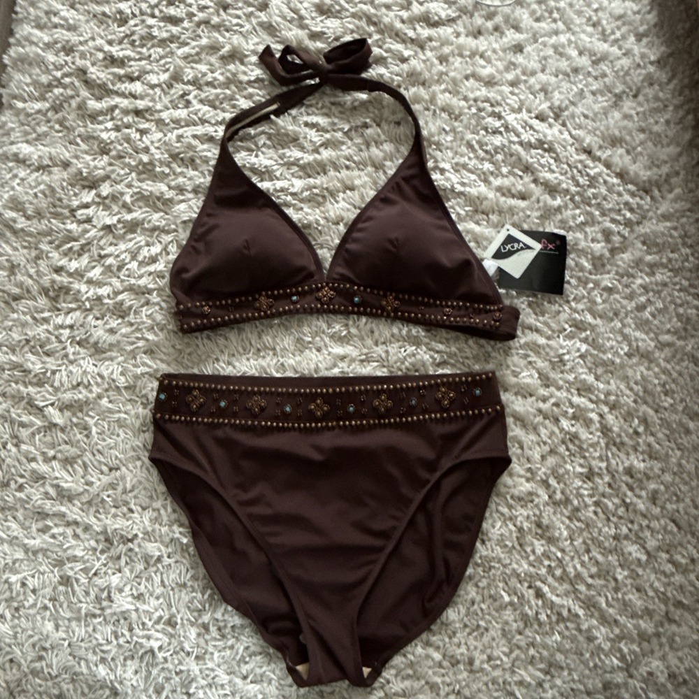 Women's NEW Shape FX  2 Piece Shaping Swimsuit Dark Brown Turquoise Studded 16